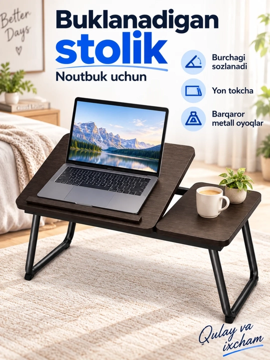 Noutbuk stoli portativ, krovat va divan uchun buklanadigan stolcha