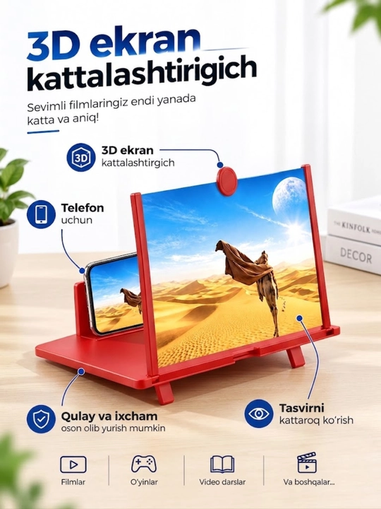 Smartfon uchun 3D ekran kuchaytirgich – video ko‘rish uchun lupa ekran - 