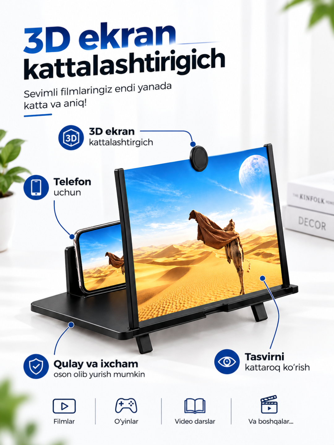 Smartfon uchun 3D ekran kuchaytirgich – video ko‘rish uchun lupa ekran - 