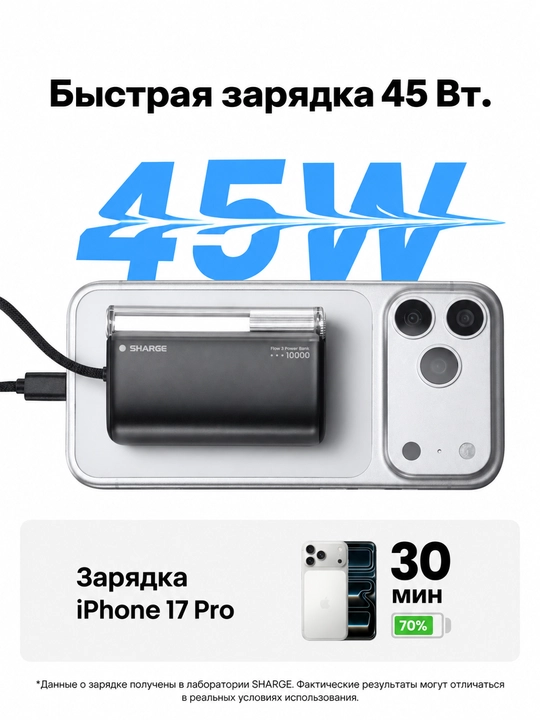 Повербанк SHARGE Flow 3, 10000 мА·ч, PD 45 Вт, встроенный кабель USB-C