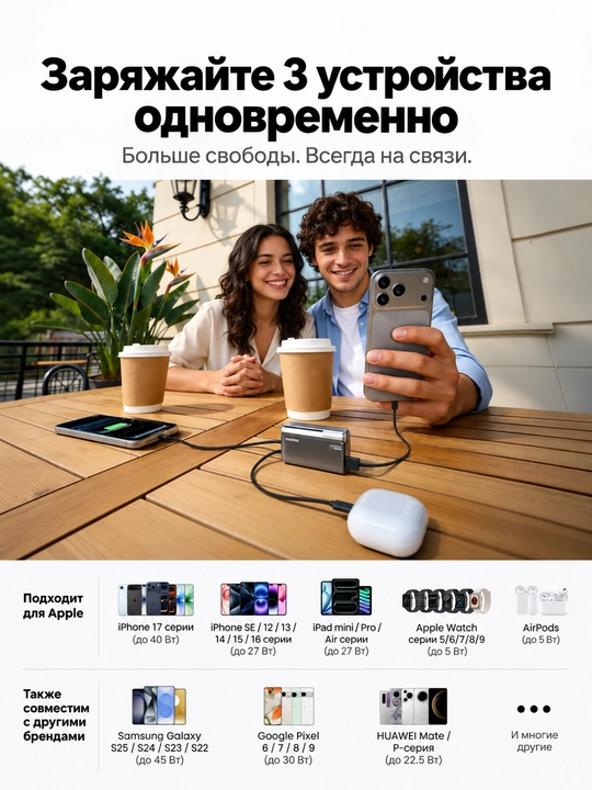 Повербанк SHARGE Flow 3, 10000 мА·ч, PD 45 Вт, встроенный кабель USB-C