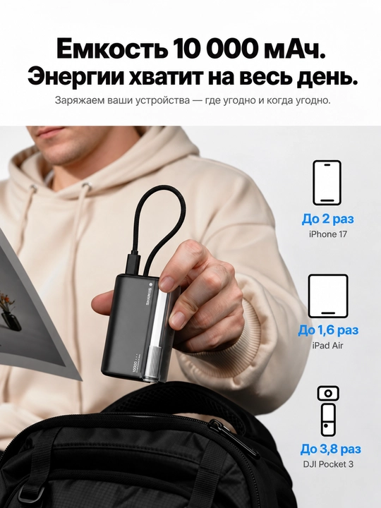 Повербанк SHARGE Flow 3, 10000 мА·ч, PD 45 Вт, встроенный кабель USB-C