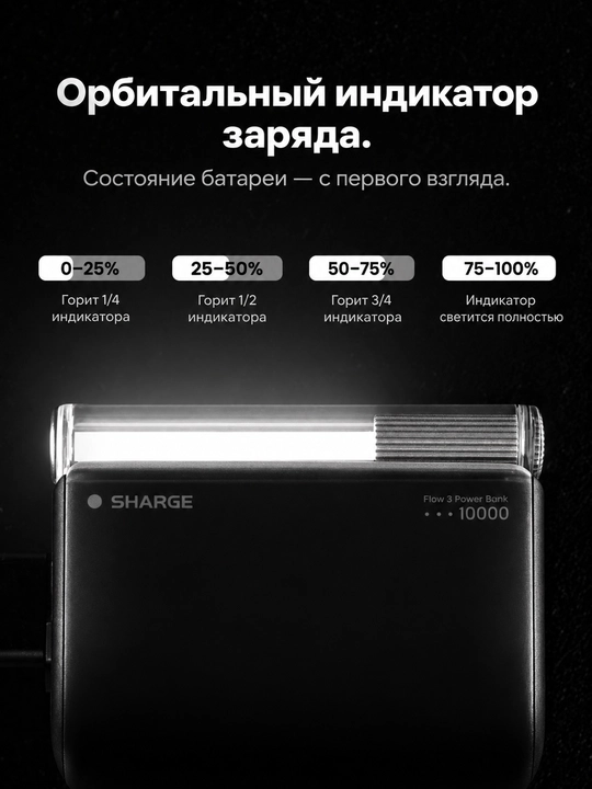 Повербанк SHARGE Flow 3, 10000 мА·ч, PD 45 Вт, встроенный кабель USB-C