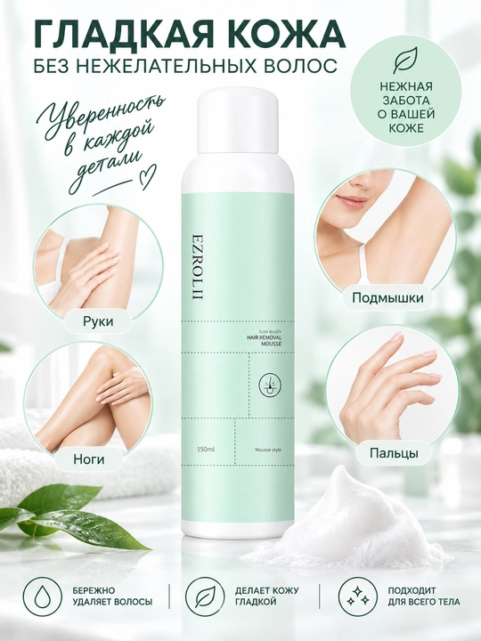 EZROLL II depilyatsiya uchun muss, tuklarni olib tashlash vositasi, 150 ml, silliq teri uchun