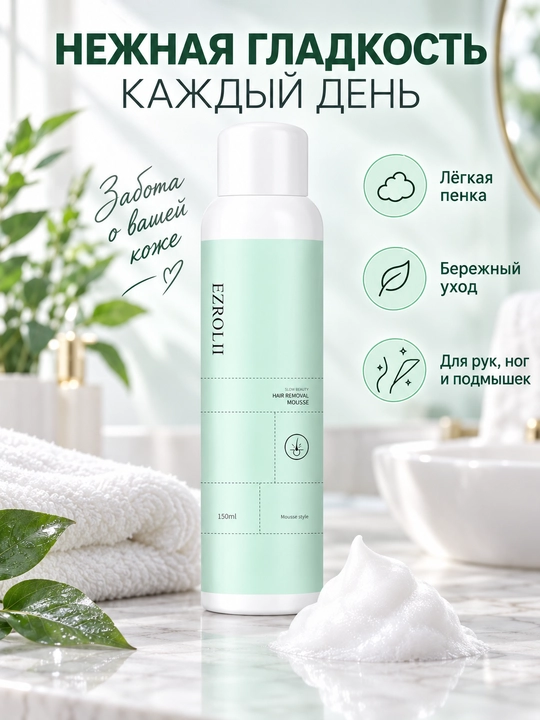 EZROLL II depilyatsiya uchun muss, tuklarni olib tashlash vositasi, 150 ml, silliq teri uchun