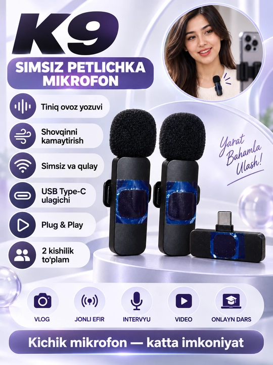 K9 simsiz petlichka mikrofon, 2 kishilik, USB Type-C, vlog va intervyu uchun