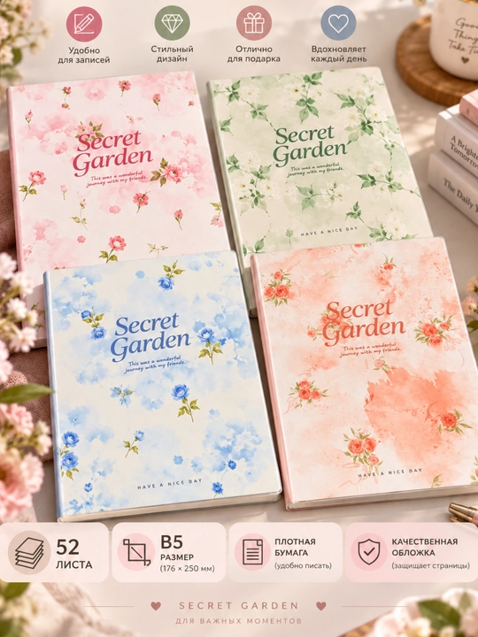 Muqovali bloknot-daftar, Secret Garden dizayni, B5, katakli, 52 varaq