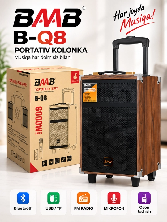 BAB B-Q8 portativ Bluetooth kolonka, USB/TF, FM radio va mikrofon bilan