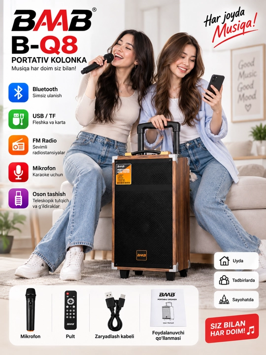 BAB B-Q8 portativ Bluetooth kolonka, USB/TF, FM radio va mikrofon bilan - 
