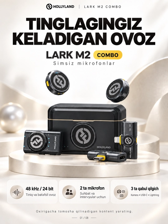 Hollyland LARK M2 Combo simsiz petlichka mikrofon, iPhone, Android va kamera uchun