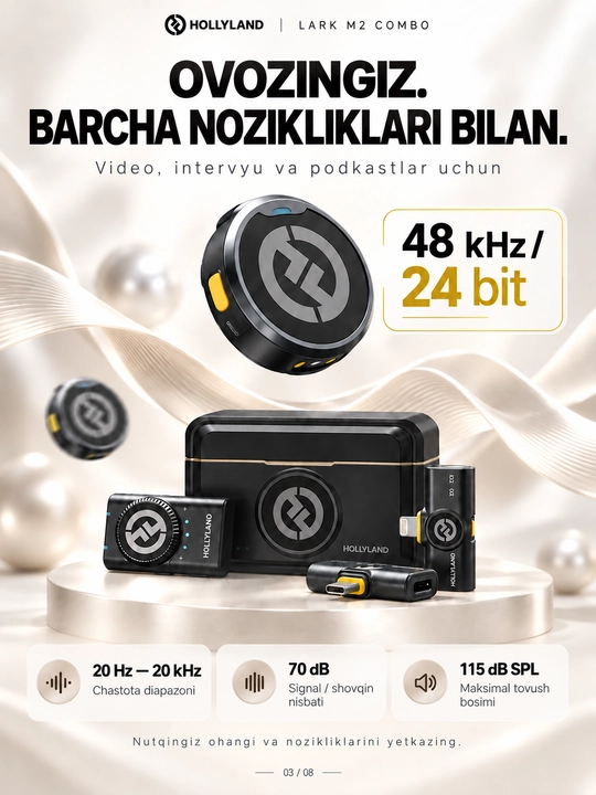Hollyland LARK M2 Combo simsiz petlichka mikrofon, iPhone, Android va kamera uchun