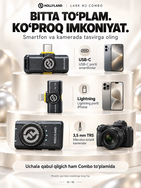 Hollyland LARK M2 Combo simsiz petlichka mikrofon, iPhone, Android va kamera uchun