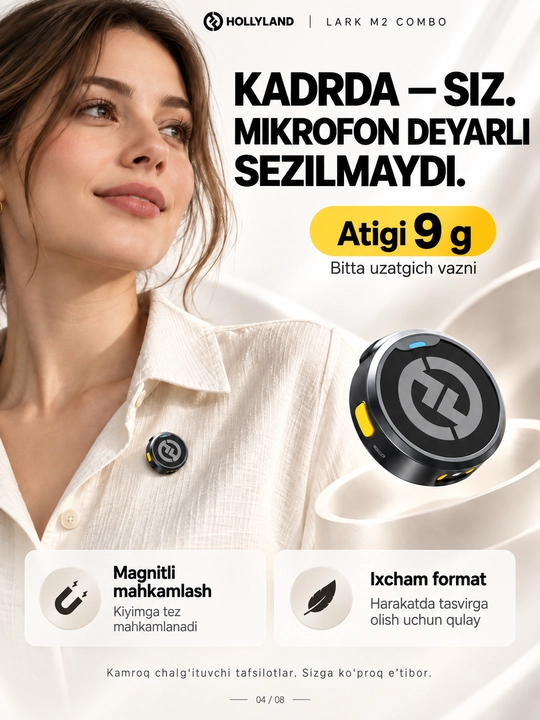 Hollyland LARK M2 Combo simsiz petlichka mikrofon, iPhone, Android va kamera uchun