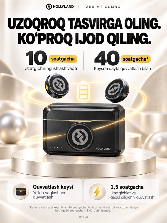 Hollyland LARK M2 Combo simsiz petlichka mikrofon, iPhone, Android va kamera uchun