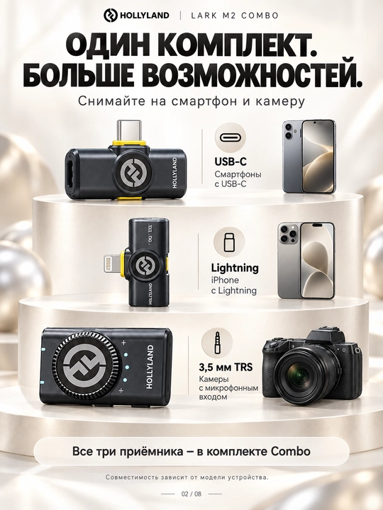 Hollyland LARK M2 Combo simsiz petlichka mikrofon, iPhone, Android va kamera uchun