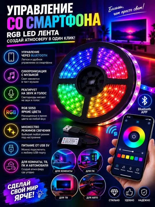 RGB Pickup Светодиодная Лента 4 м, 5 м, 10 м — Bluetooth, Реакция на Музыку и Звук - 