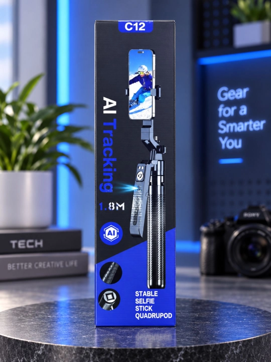 C12 AI kuzatuvchi selfi tayoq va shtativ, 360° aylanadigan, Bluetooth pultli - 