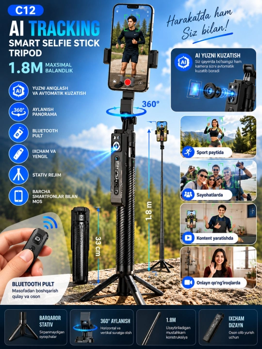C12 AI kuzatuvchi selfi tayoq va shtativ, 360° aylanadigan, Bluetooth pultli