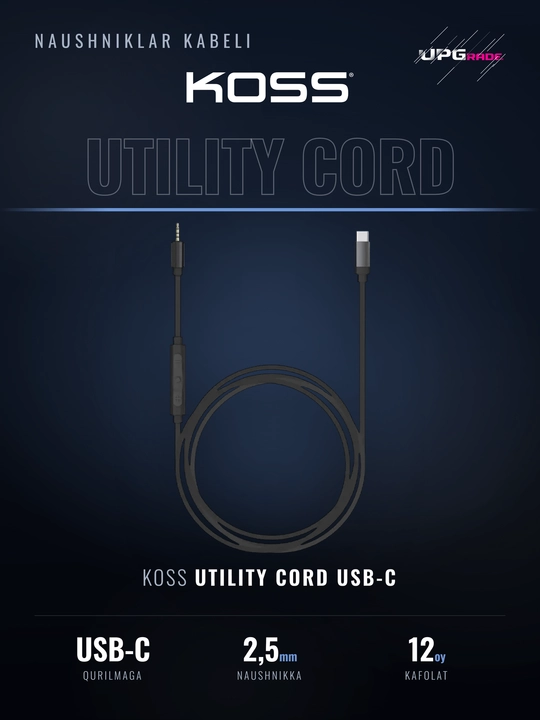 Koss Utility Cord naushniklar kabeli, USB-C dan 2.5 mm ga, qora