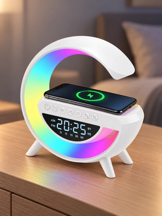 Portativ akustika, Bluetooth karnay, LED soat, budilnik, tungi chiroq va simsiz quvvatlash - 