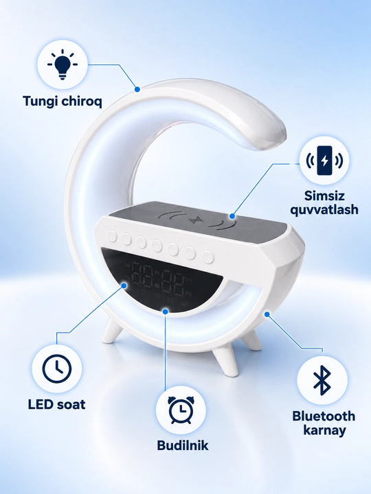 Portativ akustika, Bluetooth karnay, LED soat, budilnik, tungi chiroq va simsiz quvvatlash