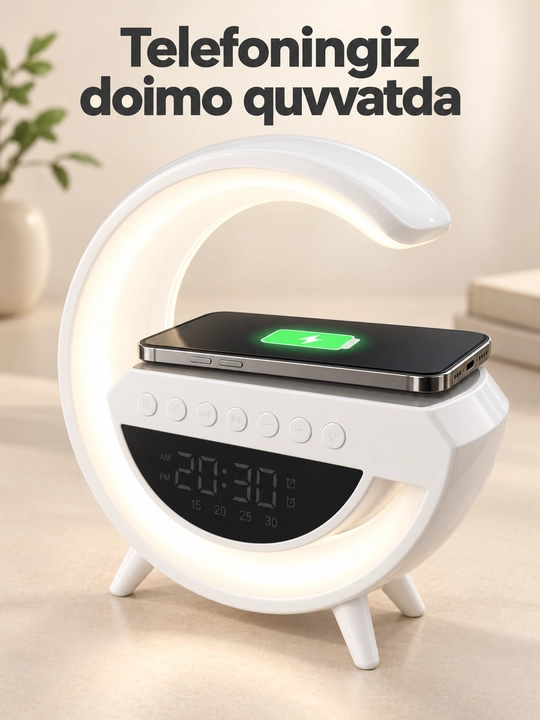 Portativ akustika, Bluetooth karnay, LED soat, budilnik, tungi chiroq va simsiz quvvatlash