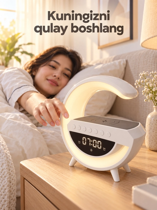 Portativ akustika, Bluetooth karnay, LED soat, budilnik, tungi chiroq va simsiz quvvatlash