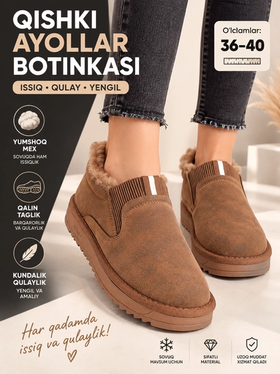 Ayollar uchun kalta qishki uggi, mo'ynali zamsh etik, qalin taglikli issiq poyabzal - 