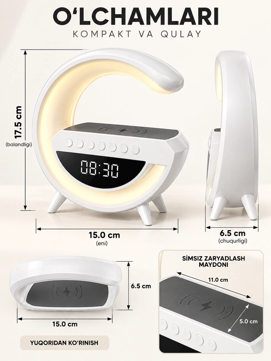 Portativ akustika, Bluetooth karnay, LED soat, budilnik, tungi chiroq va simsiz quvvatlash