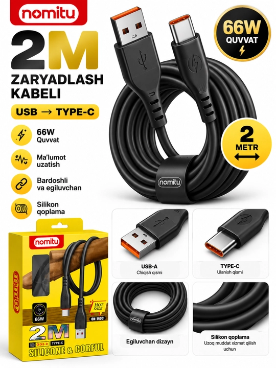 2M / 3M USB-A → Type-C zaryadlash kabeli - 