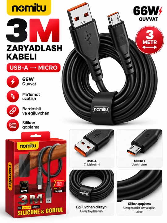 2M / 3M USB-A → Type-C zaryadlash kabeli - 