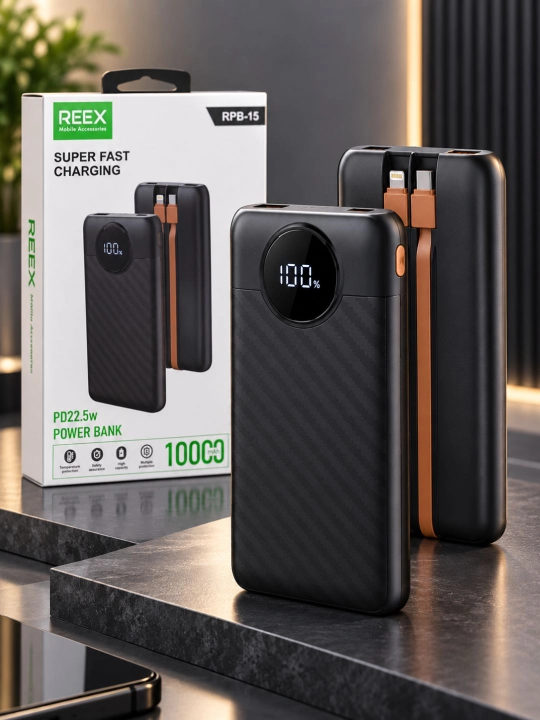 REEX RPB-15 10000 mAh Power Bank, 22.5W tezkor zaryad, ichki kabellar va raqamli displey - 