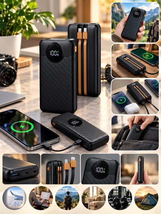 REEX RPB-15 10000 mAh Power Bank, 22.5W tezkor zaryad, ichki kabellar va raqamli displey
