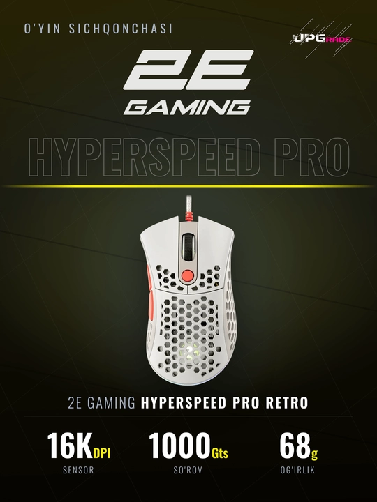 Simli o'yin sichqonchasi 2E Gaming HyperSpeed Pro Retro, 16 000 DPI, RGB, oq