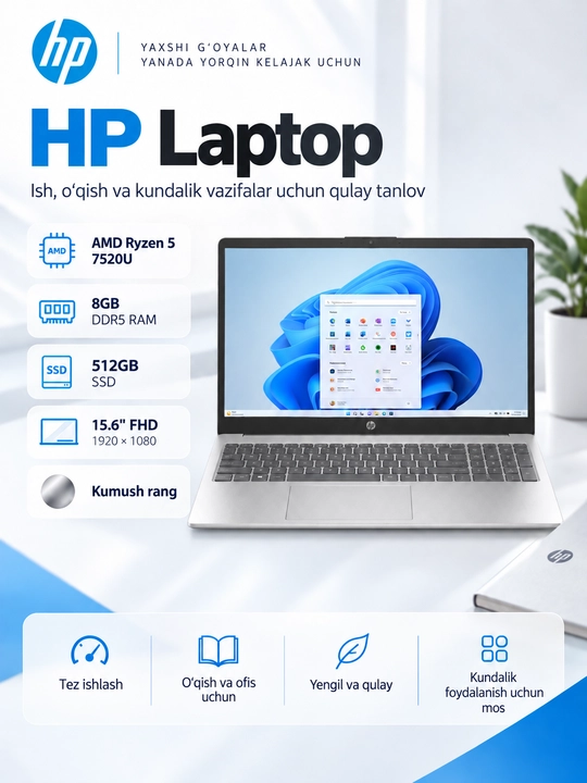 Ноутбук HP AMD R5 7520U DDR5 8GB 512GB SSD 15,6 FHD SILVER + WINDOWS 11 - 