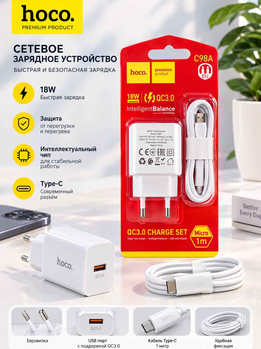 Быстрое и безопасное зарядное устройство. C кабелем Micro-USB (1 м).Hoco C98A (18W, QC3.0) - 