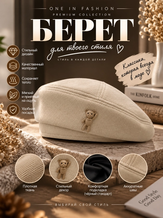 Ayollar uchun qora beret, ayiqcha bezakli issiq bosh kiyim, astarli beret - 