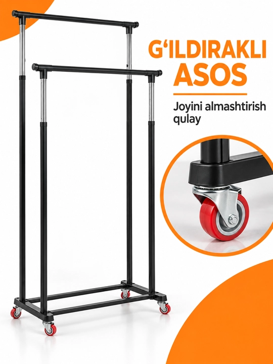 Kiyim ilgich, ikki qatorli g‘ildirakli metall veshalka, kiyimlar uchun stend