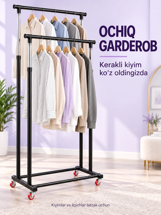 Kiyim ilgich, ikki qatorli g‘ildirakli metall veshalka, kiyimlar uchun stend