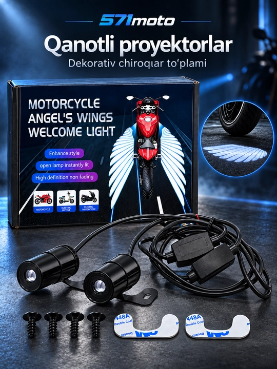 Mototsikl va skuter uchun qanot tasvirli dekorativ proyektor chiroqlar, 2 dona - 
