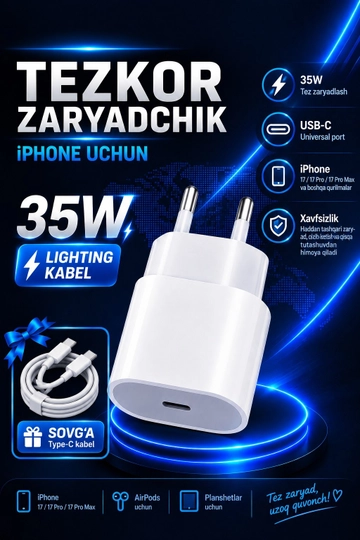 IPhone uchun quvvatlash moslamasi, tez quvvatlash, 20 Vt, 35 Vt adapter, sovg‘a sifatida kabel - 
