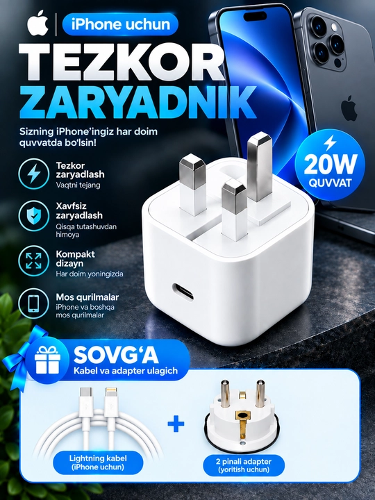 IPhone uchun quvvatlash moslamasi, tez quvvatlash, 20 Vt, 35 Vt adapter, sovg‘a sifatida kabel - 