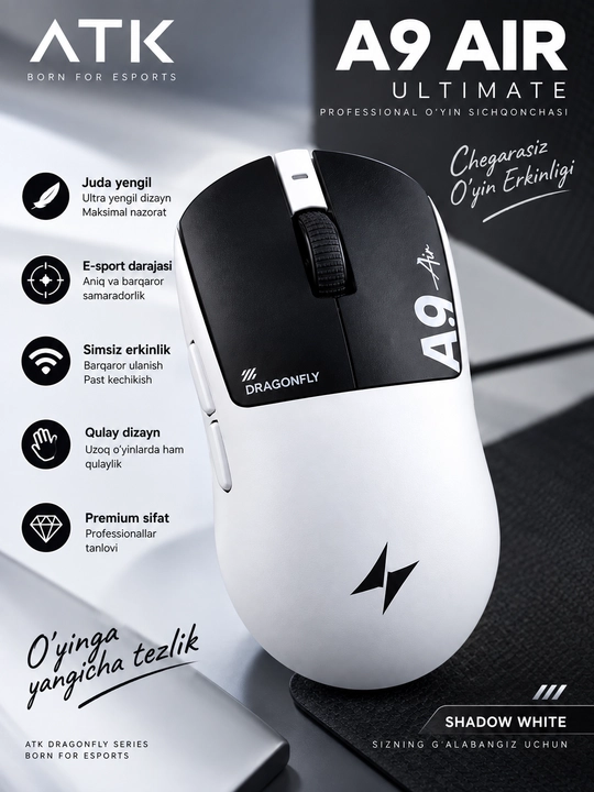ATK A9 AIR simsiz o‘yin sichqonchasi, gaming mouse, kompyuter va noutbuk uchun sichqoncha