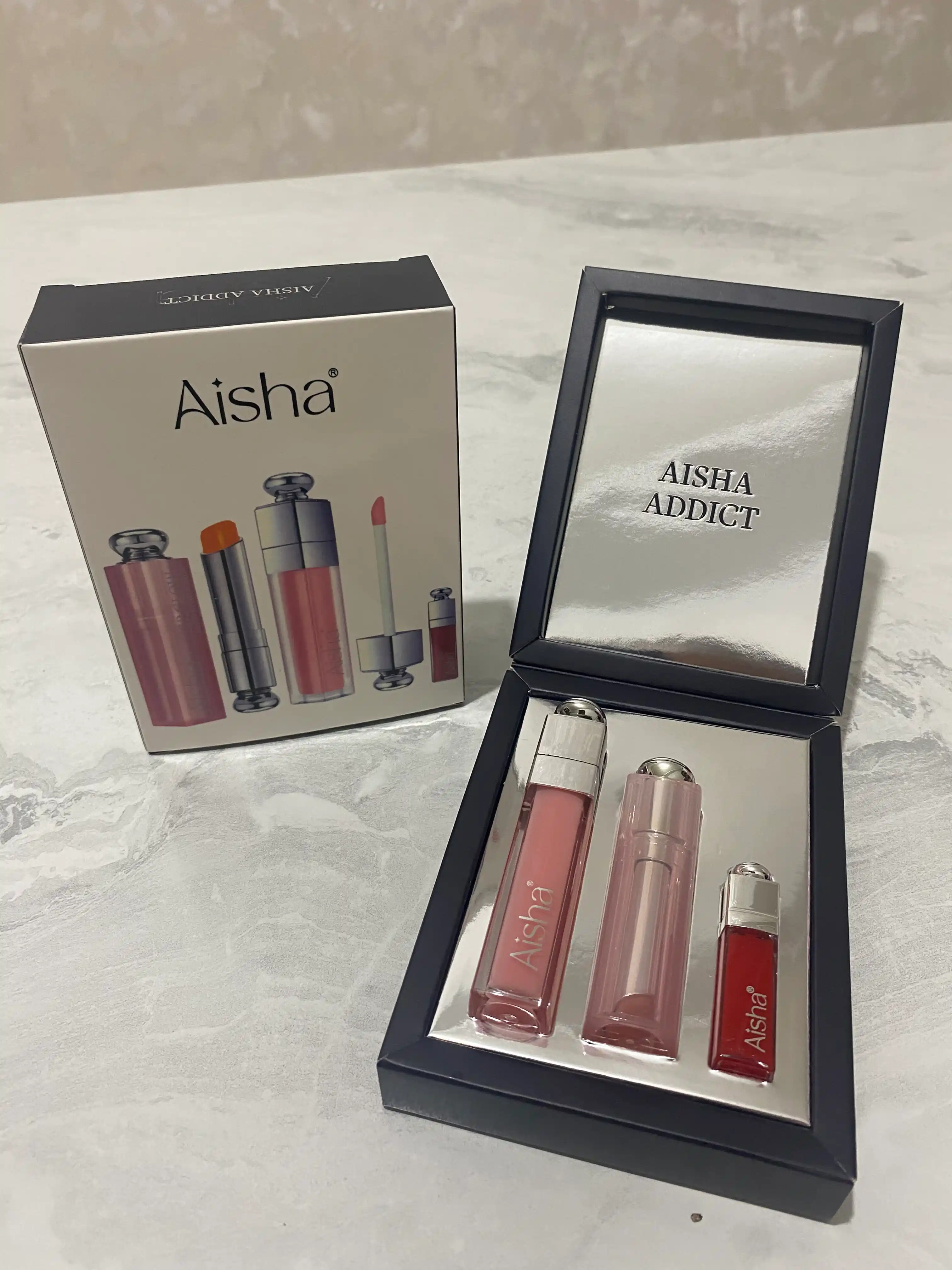 Aisha Addict Lablar uchun kosmetik to‘plam 3 tasi 1 da – blesk, pomada, tint, Makeup Set