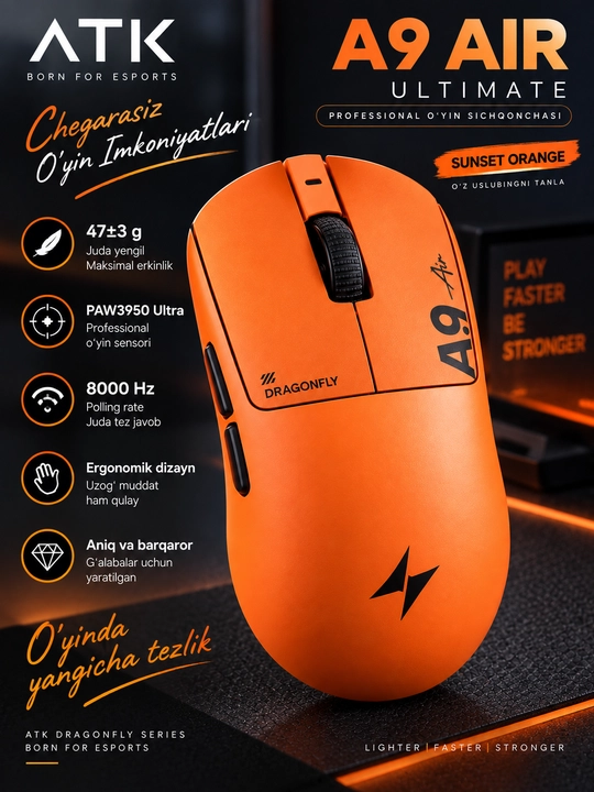 ATK A9 AIR simsiz o‘yin sichqonchasi, gaming mouse, kompyuter va noutbuk uchun sichqoncha