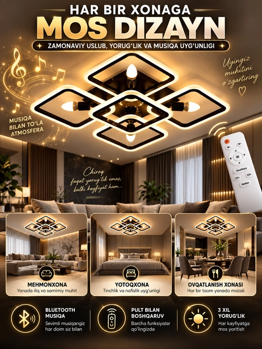 LED lyustra musiqali Bluetooth va pultli 3 rejimli 110 W