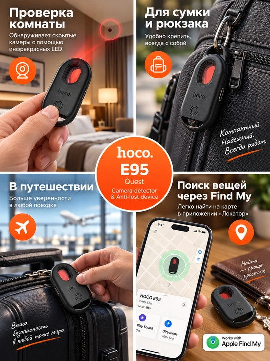HOCO E95 Quest 3 в 1, детектор скрытых камер, Bluetooth-трекер, сигнализация