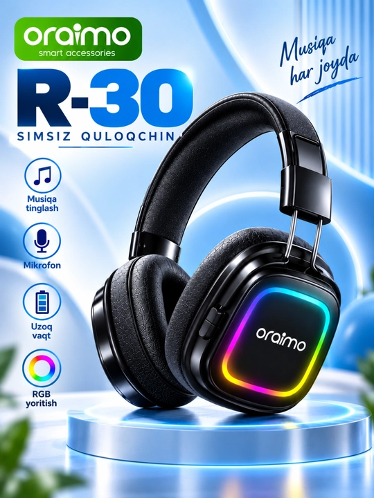 Oraimo TURE R-30 simsiz quloqchin, Bluetooth, RGB yoritish, mikrofon, qora - 