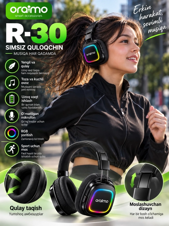 Oraimo TURE R-30 simsiz quloqchin, Bluetooth, RGB yoritish, mikrofon, qora