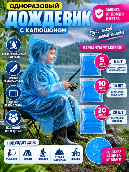Bolalar uchun kapyushonli bir martalik yomg‘irpo‘sh, ko‘k, 5/10/20 dona